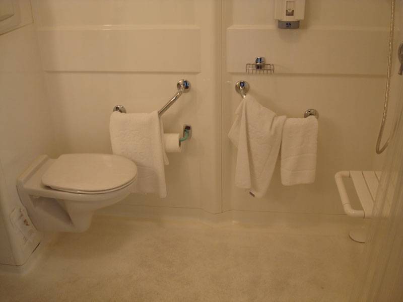 Aseo adaptado con ducha y asiento fijo en la pared